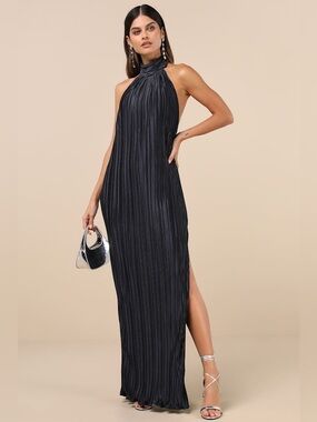 Lulu's Gwenny Dark Navy Blue Satin Plisse Halter Maxi Dress - Size XS